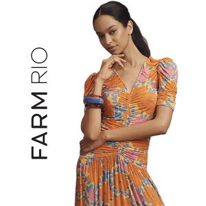 FARM Rio x Anthropologie Short-Sleeve V-Neck Ruched Midi Drew